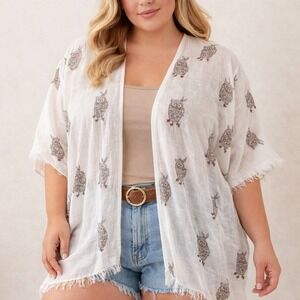 A&O International White Owl Print Kimono Open Front Frayed Hem Cover Up Whimsy